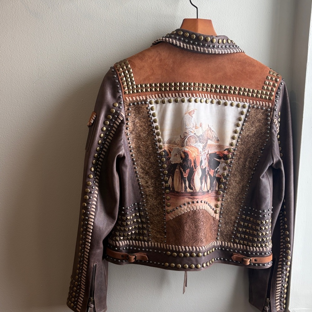 Double D Ranch Studded Leather Jacket in Gray and Tan - Picture 5 of 7